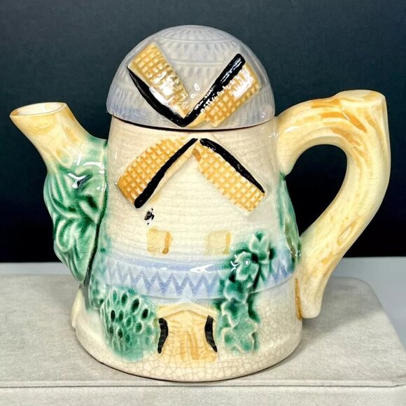 Vintage Ceramic Windmill Tea Set Made in Japan Hand Painted Teapot Sugar Creamer - Picture 4 of 14